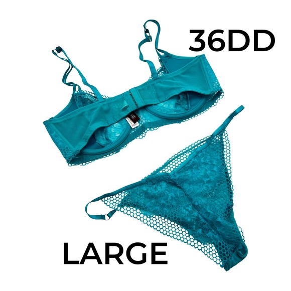 Adore Me | ‘Evah’ Teal Lace Bra 36DD & 2 High Cut Bikini Panties Large - Picture 3 of 5
